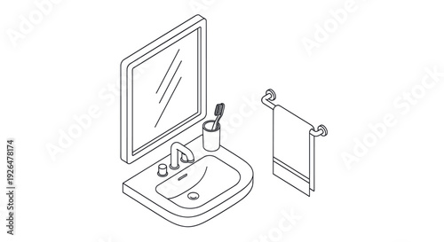 A minimal outline illustration of a bathroom sink with a mirror, toothbrush holder, and a towel on a towel rack, evoking a clean, simple aesthetic. Great for interior design concepts.