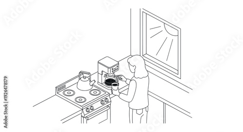 Simple black and white line art illustration of a woman pouring coffee from a coffee maker into a mug in a brightly lit kitchen. Can be used for graphic designs.