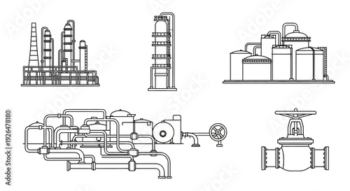 Detailed line art illustration of various industrial facilities, equipment, and components, including a refinery, storage tanks, a distillation column, and a large valve.