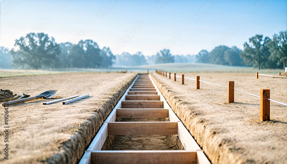 Obraz premium Long excavation trench with wooden formwork in a dirt field. Archaeological dig site with shovel and measuring tools