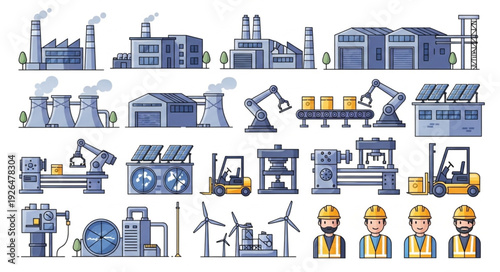 Industrial factory buildings and machinery with workers and renewable energy sources.