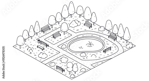 Isometric illustration of a park with benches, trees, and a central fountain, rendered in a minimalist black and white line art style. Ideal for urban planning, design, or architectural themes.