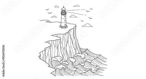 Black and white illustration of a lighthouse on a cliff above the ocean, waves crashing below in a simple, hand-drawn style. Use it for templates or designs.