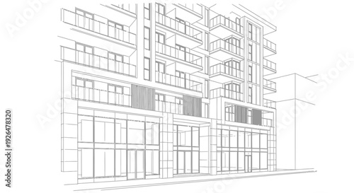 Architectural line drawing of a modern multi-story building with commercial ground floor and residential units above, featuring balconies and large windows.