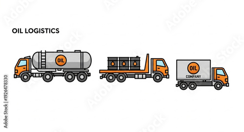 Oil logistics transportation trucks carrying fuel and barrels for delivery.