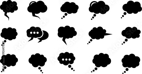 Thought Cloud And Dream Bubble Icons Featuring Various Fluffy Shapes For Creative Mind Mapping.