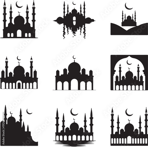 black silhouettes of various mosques with crescent moons  religious architecture