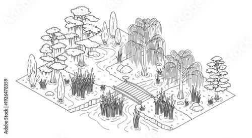 Black and white isometric illustration showing a serene garden landscape with a winding stream, small wooden bridge, trees, and reeds, perfect for architectural design or educational materials.