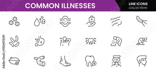 Common Illnesses line icons set. Common Illnesses outline icons with editable stroke collection. These Includes Breast Cancer, Depression, Brain Tumor, Allergy, Diabetes, and More.