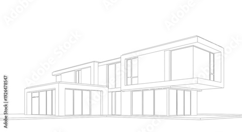 Architectural wireframe rendering of a modern minimalist house design.