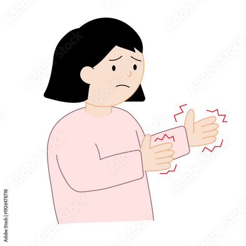 主線なしフラットイラスト | 手の震えやしびれを気にする女性 | 健康不安や神経症状のイメージ
