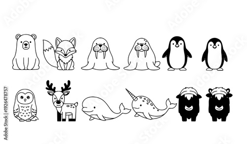 Cute arctic animals line art vector set polar wildlife cartoon outline illustration collection