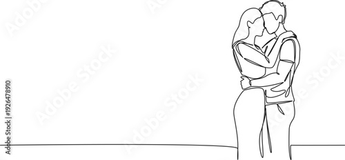 continuous line drawing of young couple standing in close embrace looking at each other, line art vector illustration