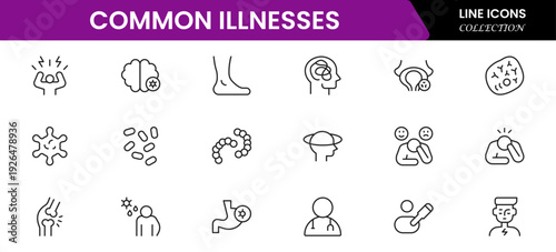 Common Illnesses line icons set. Common Illnesses outline icons with editable stroke collection. These Includes Breast Cancer, Depression, Brain Tumor, Allergy, Diabetes, and More.