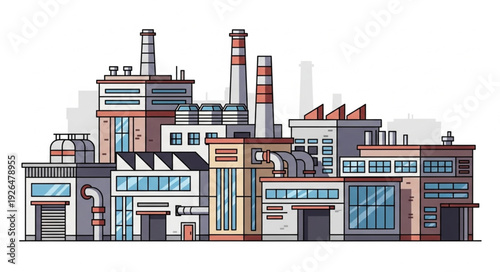 Detailed illustration of a modern industrial factory complex with various structures.