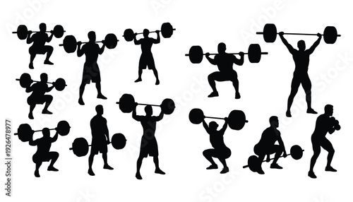 Silhouettes of weightlifters in various poses demonstrating strength and exercise