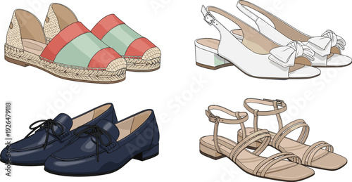 Stylish collection of women's fashion footwear including loafers, sandals, and flats isolated for boutique shopping web design