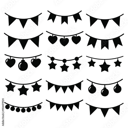 Black and white decorative banners and garlands displayed in grid