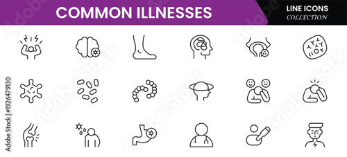 Common Illnesses line icons set. Common Illnesses outline icons with editable stroke collection. These Includes Breast Cancer, Depression, Brain Tumor, Allergy, Diabetes, and More.