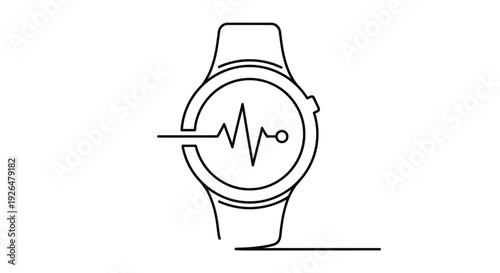 Modern minimalist continuous line art icon of a smartwatch with an integrated heart rate monitor symbol for digital health tracking.