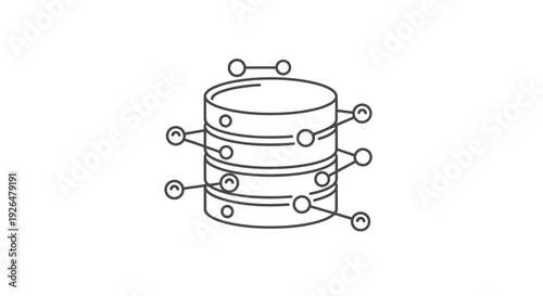 A minimalistic line art icon representing a database server or data storage stack with multiple connected nodes illustrating network connections and data flow concepts.
