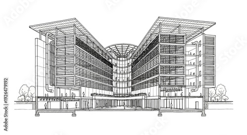 Detailed architectural cross-section drawing of a modern office building with a central atrium.