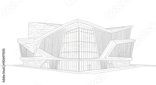 Wireframe rendering of a modern, angular building with a complex geometric design and large glass facades, showcasing architectural detail.