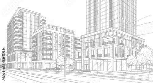 Architectural sketch of modern urban buildings with street and trees.
