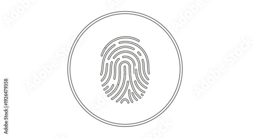 A modern digital icon featuring a gray fingerprint pattern enclosed within a circular double outline, symbolizing biometric security and personal identification technology.