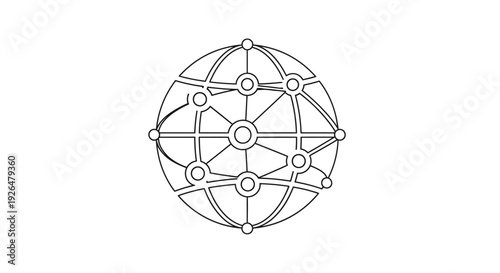 Outline icon depicting a global network sphere with interconnected nodes representing worldwide digital connectivity and data flow systems.