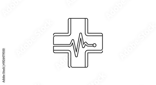 Simple line art icon symbolizing digital health monitoring through an electrocardiogram waveform inside a medical cross.