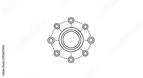 Abstract geometric icon representing network connectivity, data flow, and central hub synchronization in digital systems.