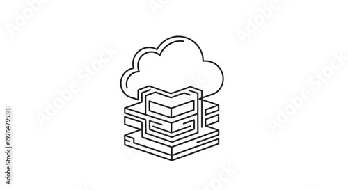 Outline icon representing cloud computing infrastructure with layered data storage servers and abstract network architecture for digital services.