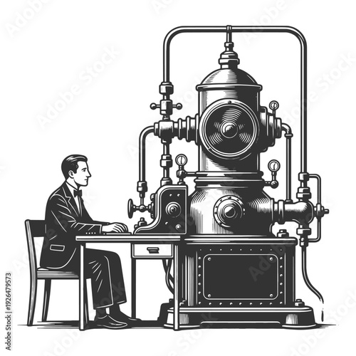 man in suit operating a large vintage industrial machine with pipes and gauges, early technology and innovation sketch engraving generative ai vector illustration. Scratch board. Black and white.