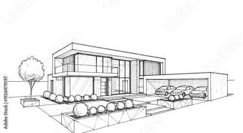 Architectural sketch of a modern luxury house with large windows and a carport.