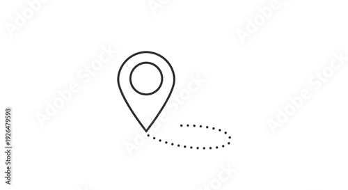 Simple dark mode outline icon illustrating a map location pin marker showing a dotted path route for navigation