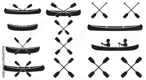Canoe and paddle black silhouette collection, water activities, outdoor recreation, kayaking, canoeing, boating, adventure, river, lake, travel, vector icons, white background