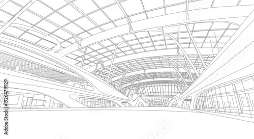 Architectural wireframe drawing of a modern, spacious interior with a complex curved roof and multiple levels.