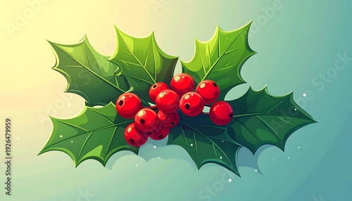A vibrant digital illustration showcases a sprig of holly. Its textured green leaves cradle a cluster of glossy red berries. The background has a soft gradient