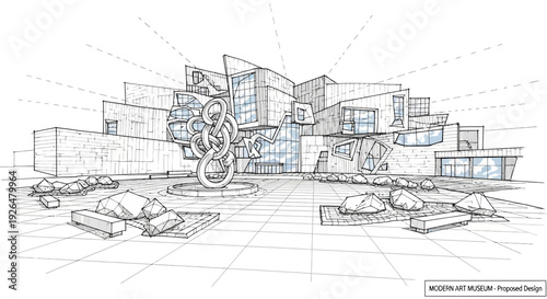 Detailed architectural sketch of a modern art museum's proposed design, featuring a complex, multi-faceted building and an abstract sculpture in the foreground.