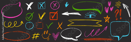 Crayon check marks, arrows, speech bubbles, ovals set. Hand drawn various colored charcoal or pencil drawn rough colorful elements for diagrams. Vector scribble emphasis note highlights on blackboard