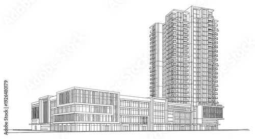 Architectural line drawing of a modern high-rise tower connected to a multi-story commercial and residential complex.