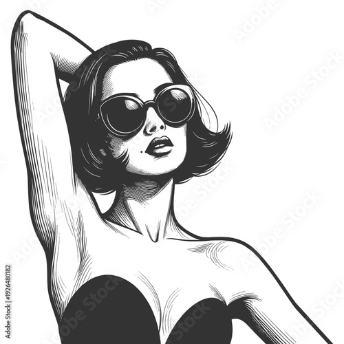 fashionable young woman with short hair wearing large sunglasses and a strapless top, posing confidently sketch engraving generative ai vector illustration. Scratch board imitation. Black and white.