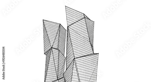 Abstract architectural sketch of modern geometric skyscrapers with angular glass facades.