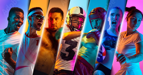 Photos Neon sports composition with intense athletes in dynamic action