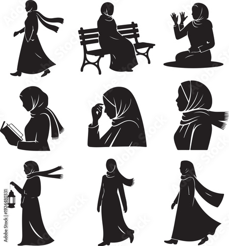 Black silhouettes of women wearing headscarves in various poses and activities