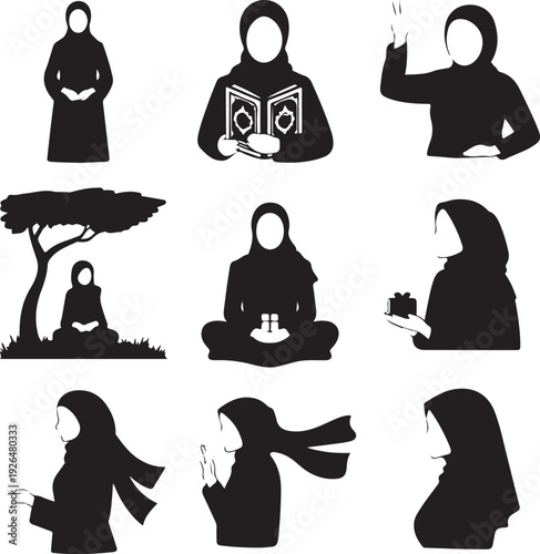 Black silhouettes of women wearing hijab in various poses and activities