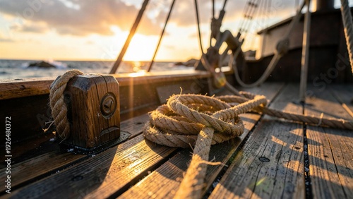 Close-up of a wooden snatch block and coiled rope on a ship deck during sunset.