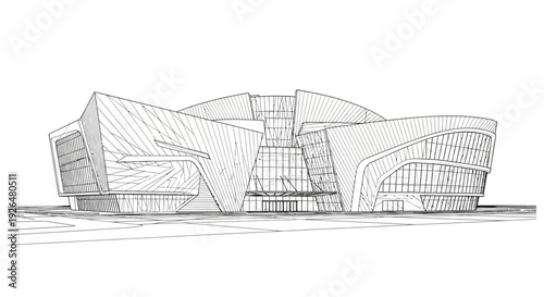 Architectural sketch of a modern, angular building with prominent glass sections.
