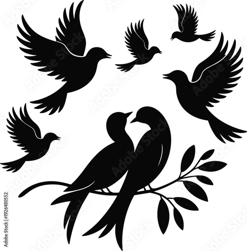 Love birds silhouette vector illustration, romantic couple perched on tree branch with flying birds isolated white background